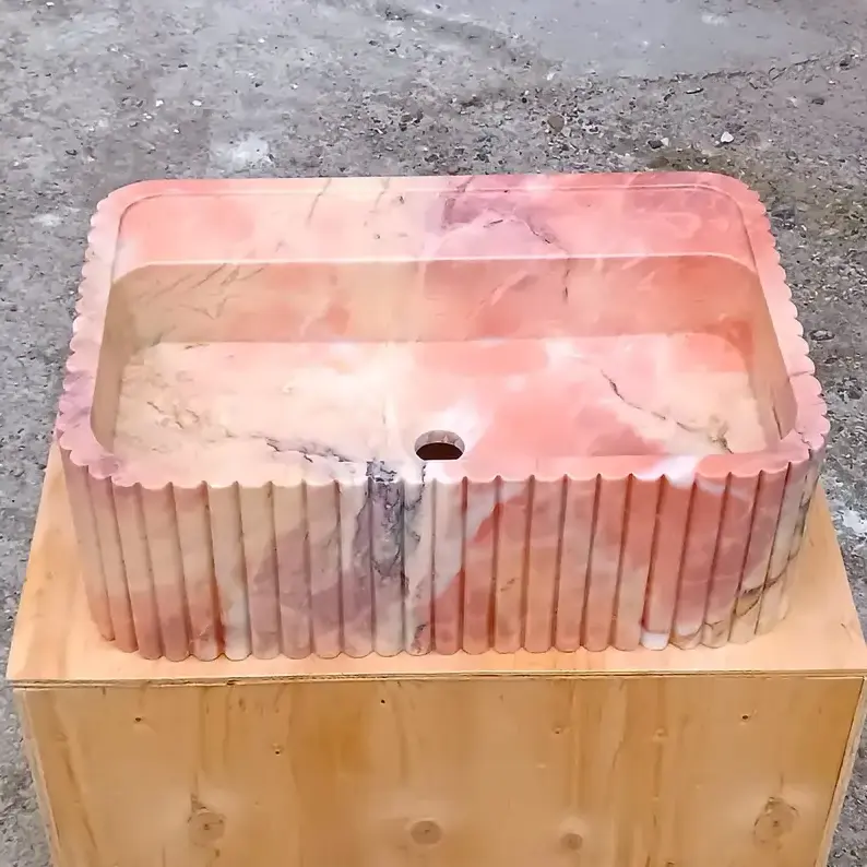 HUAXU Pink Marble Vanity Basin Wall Mount Bathroom Sink Powder Room Pink Stone Sink with Elegant Pink Marble Design