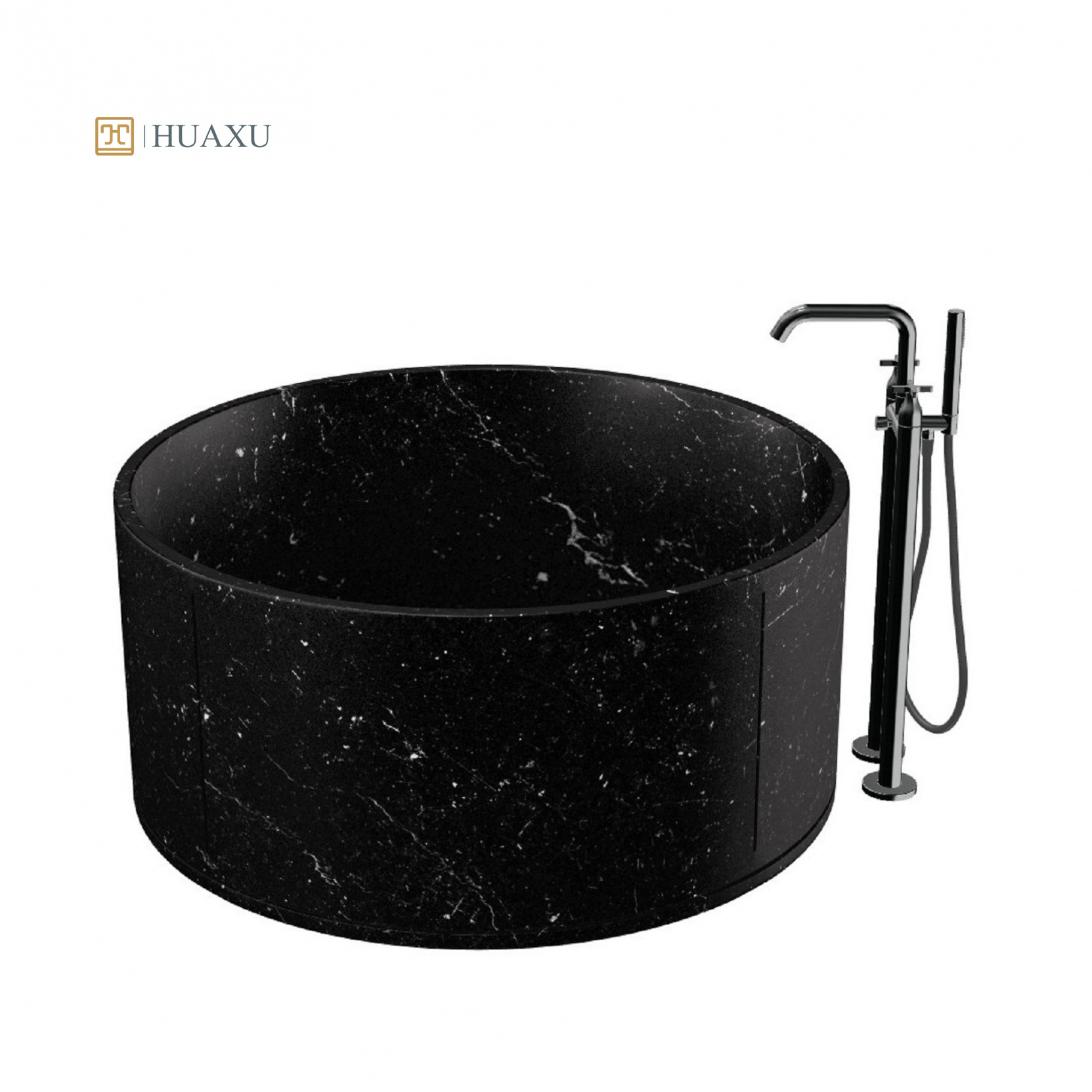 Huaxu Hot Sale Free Standing Round Shape Hand Craved Natural Stone Bath Tub White Veins Black Nero Marquina Marble Bathtub