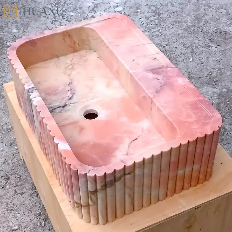 HUAXU Pink Marble Vanity Basin Wall Mount Bathroom Sink Powder Room Pink Stone Sink with Elegant Pink Marble Design