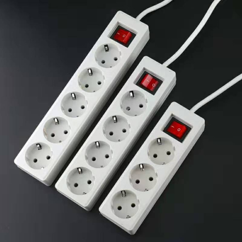 EU Standard German Type Power Strip 3/4/5 Sockets in Row Flat Adapter Light Switch with Surge Protector Extension Cable