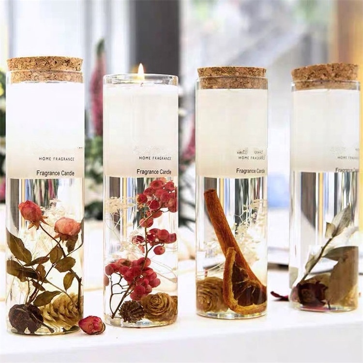 Wholesale Bulk Scented Candles With Cork Lids Using Jelly Gel Wax With Dried Flower Decoration