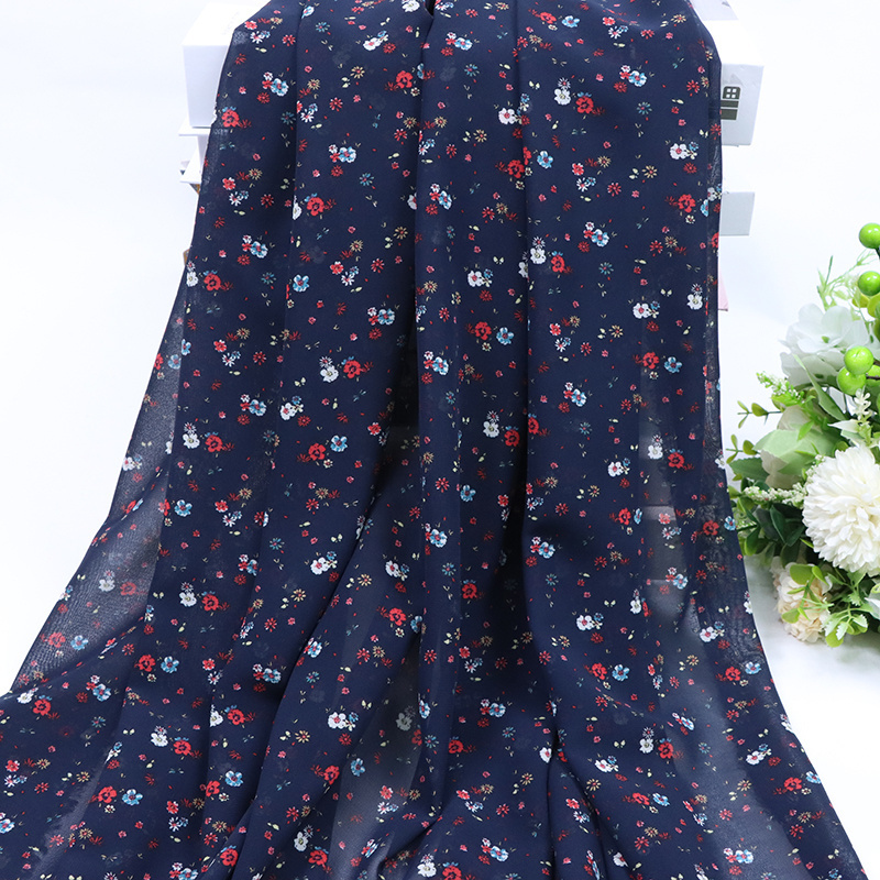 Summer fashion dark blue small floral print fabric polyester pearl chiffon quality dress women's cloth