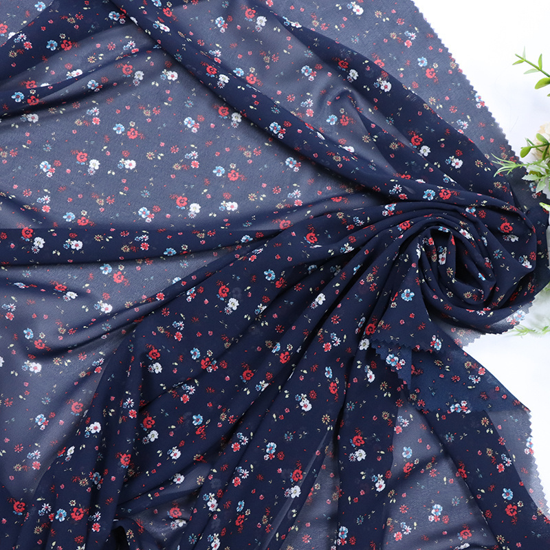 Summer fashion dark blue small floral print fabric polyester pearl chiffon quality dress women's cloth