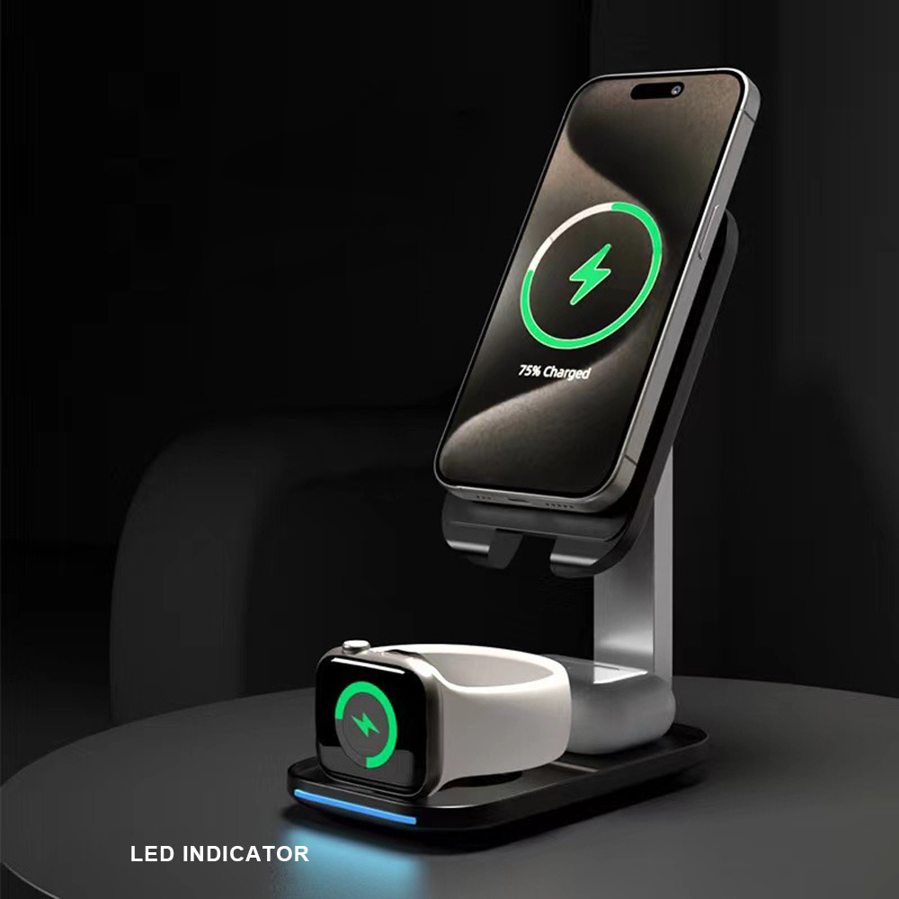 2024 New Custom Wholesale CE RoHS FCC Desktop Stand Phone Holder 3 in 1 Magnetic Wireless Charger for iPhone Watch Earphone