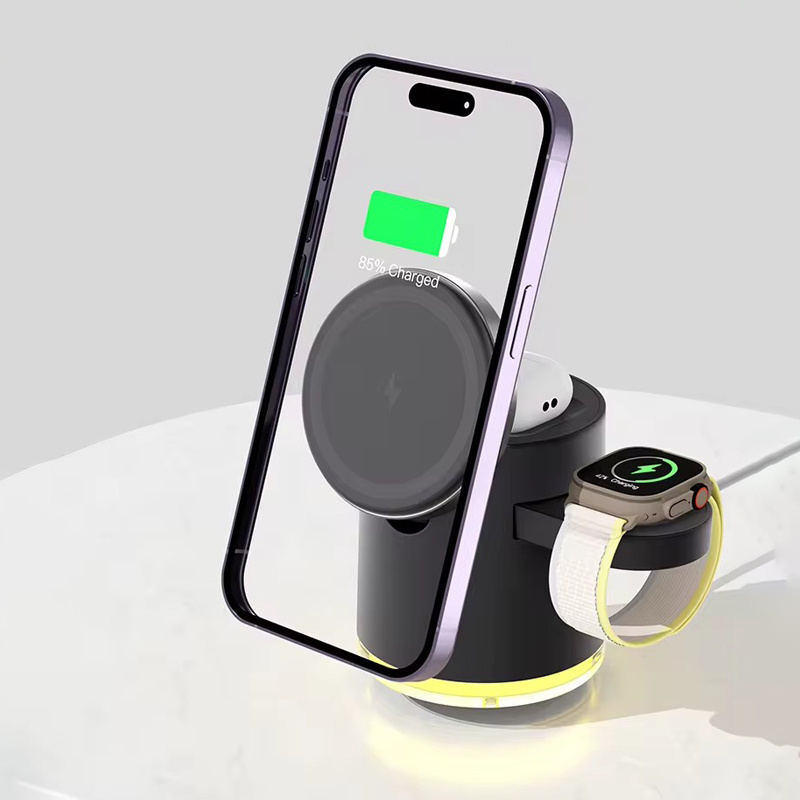 Magnetic 3-In-1 15W Fast Charging Station Portable Wireless Charger With Integrated Lamp For Mobile Phone