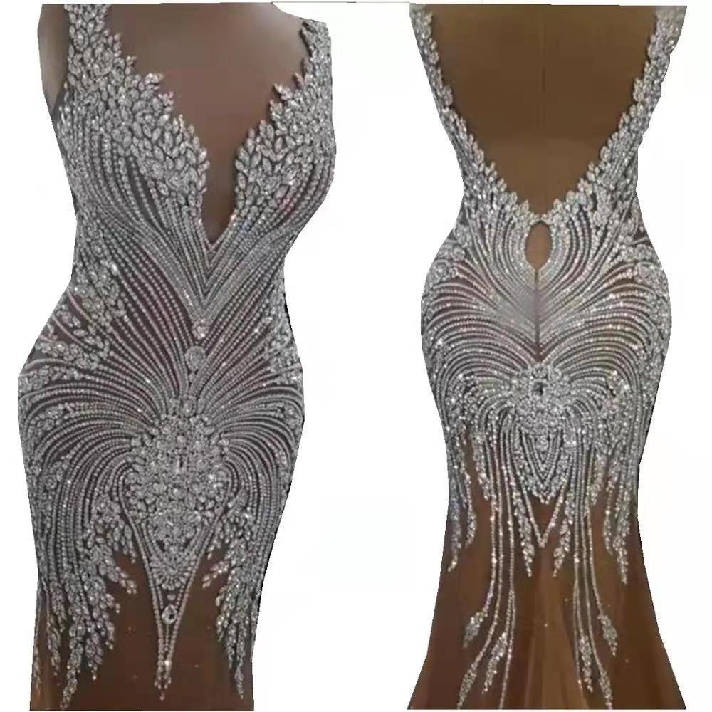 Top end luxury heavy crystal stones beaded panel lace one piece dress wedding accessories lace for evening dress HY1668