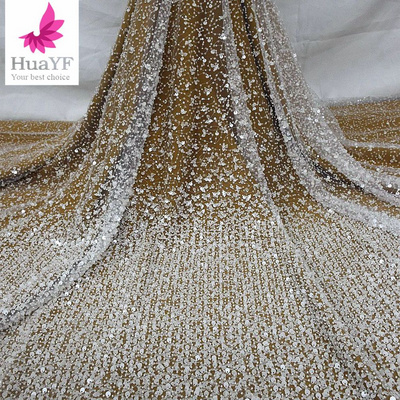 2022 hot pure white african net laces sequins beaded lace fabric wedding bridal embroidery fabrics shining dress HY1959