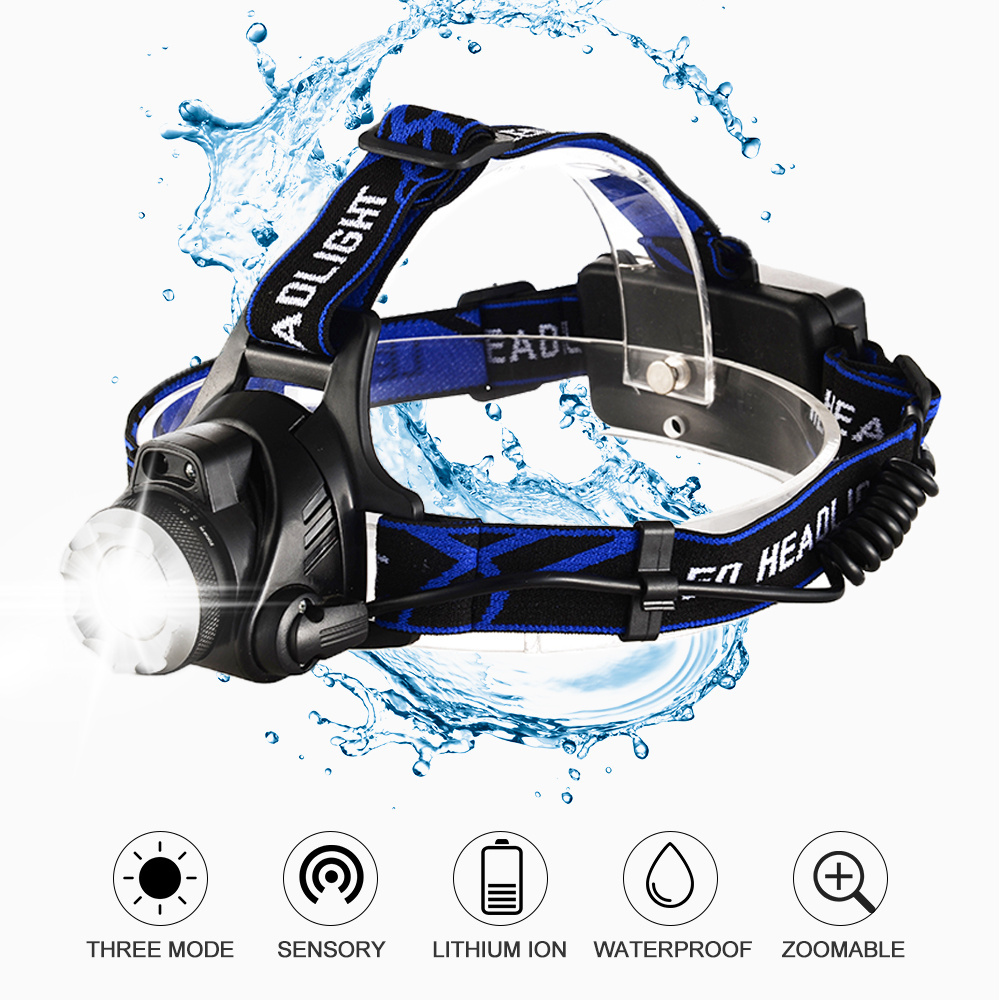 Wholesale LED long shot zoomable sensor headlight T6 super bright USB rechargeable waterproof outdoor fishing camping headlamp