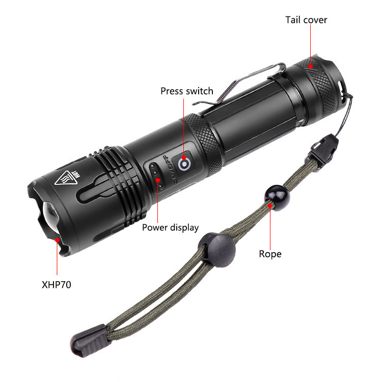 XHP70 LED Flashlight Zoomable Tactical USB rechargeable High Lumen Torch Light With Power Bank With Pen Clip