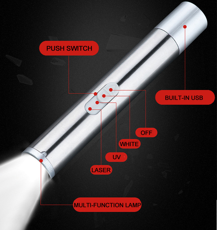 aluminium  three-in-one mini laser pointer  pen torch portable  usb chargeable small uv led flashlight