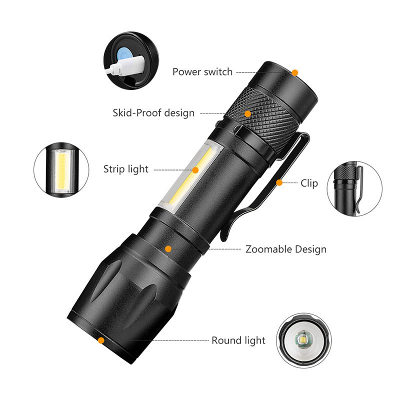 Factory Mini built-in 14500 USB rechargeable pen clip COB side light LED XPE telescopic zoom plastic mini flashlight led torch