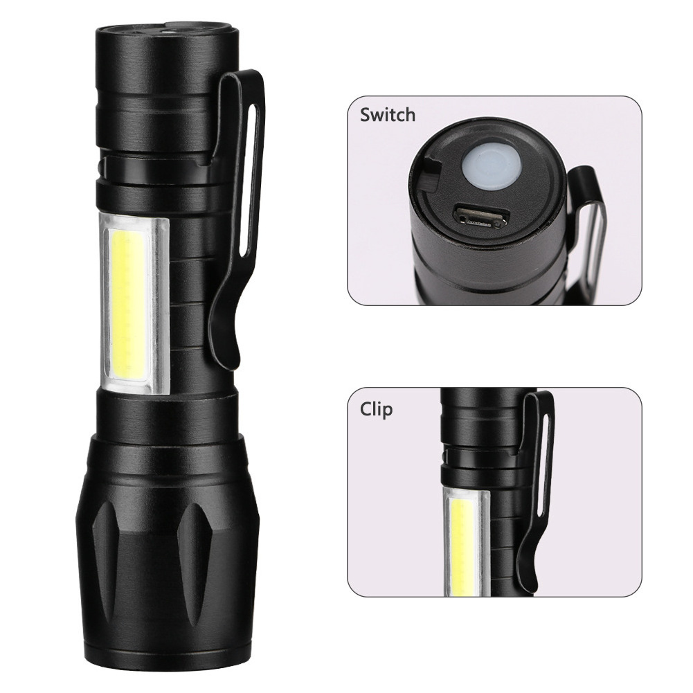 Factory Mini built-in 14500 USB rechargeable pen clip COB side light LED XPE telescopic zoom plastic mini flashlight led torch