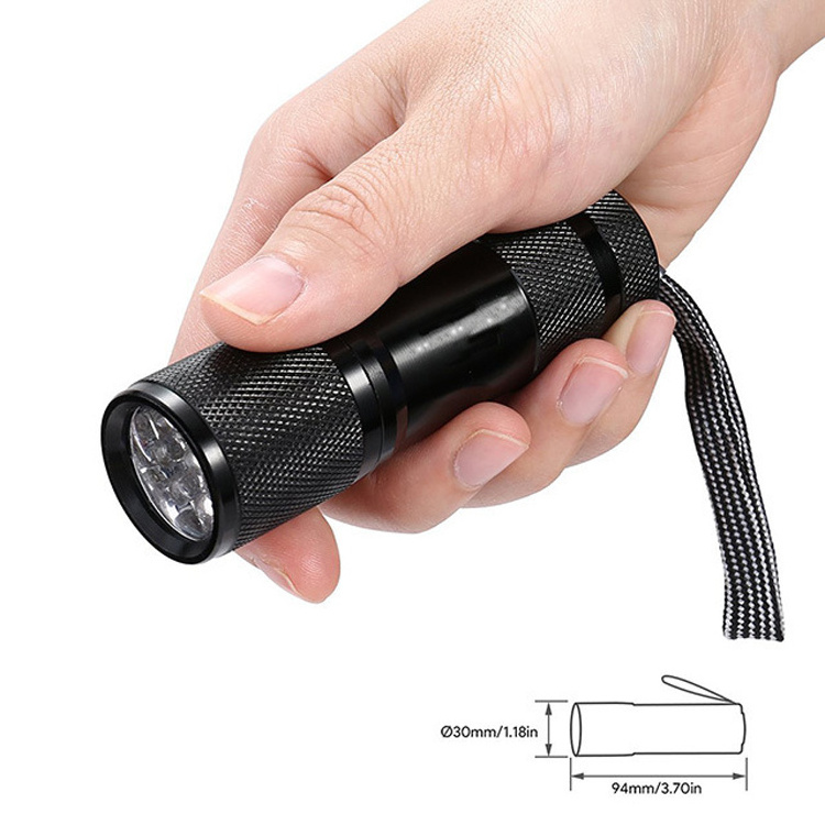 super light mini 9 led powerful black violet UV light torch 395nm aluminum promotion gift kids flashlight for Outdoor emergency