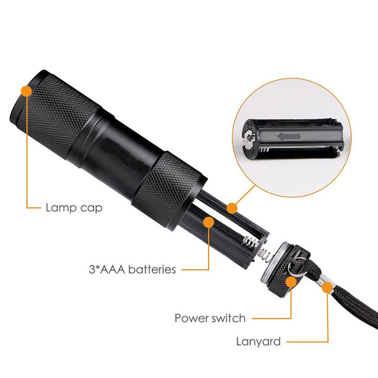 super light mini 9 led powerful black violet UV light torch 395nm aluminum promotion gift kids flashlight for Outdoor emergency