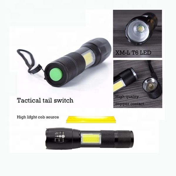 5 Modes  XM-L T6 LED Rechargeable Flashlight Super Bright Zoomable Small Tactical Flashlight Torch with side COB flood light