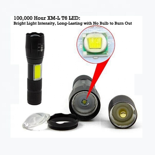 5 Modes  XM-L T6 LED Rechargeable Flashlight Super Bright Zoomable Small Tactical Flashlight Torch with side COB flood light