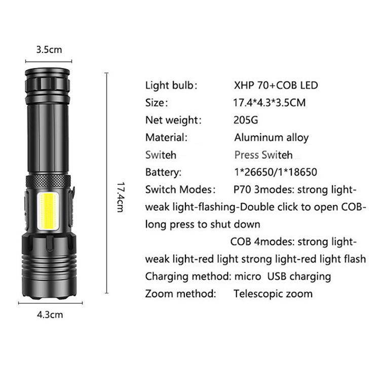 20W XHP70+COB Red white Light LED Flashlight Zoomable Tactical USB rechargeable 1000 lumen Flashlight Torch With Power Bank