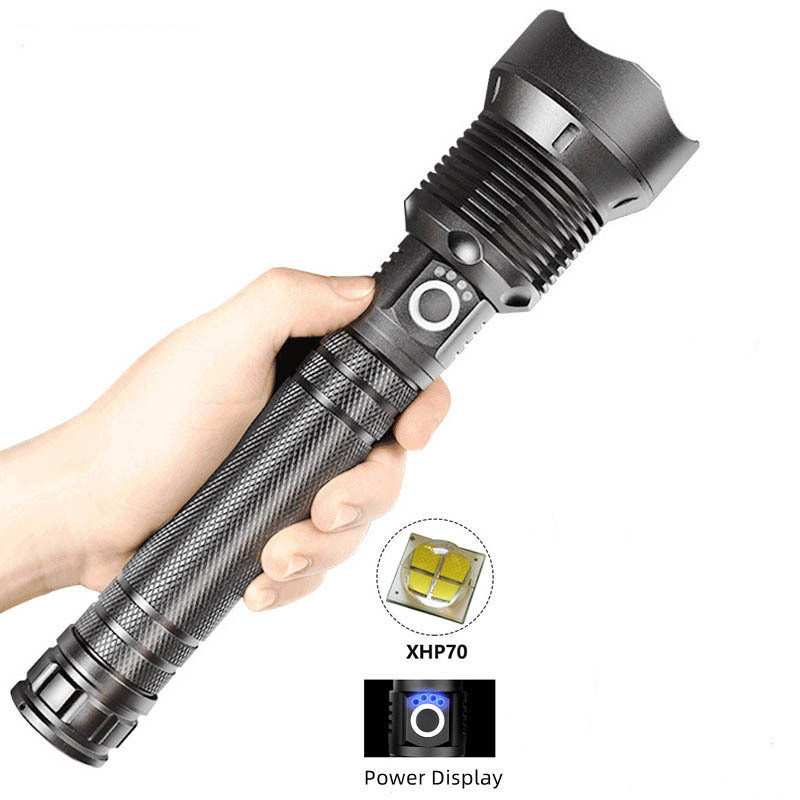 Multi-function Aluminum XHP70 20W USB rechargeable High-Power 100000 lumen Tactical Zoomable With Energy Display LED Flashlight