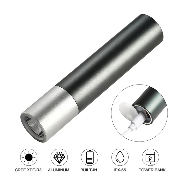 Pocket portable USB rechargeable built-in battery torch  camping  waterproof mini led aluminum flashlight  with power bank