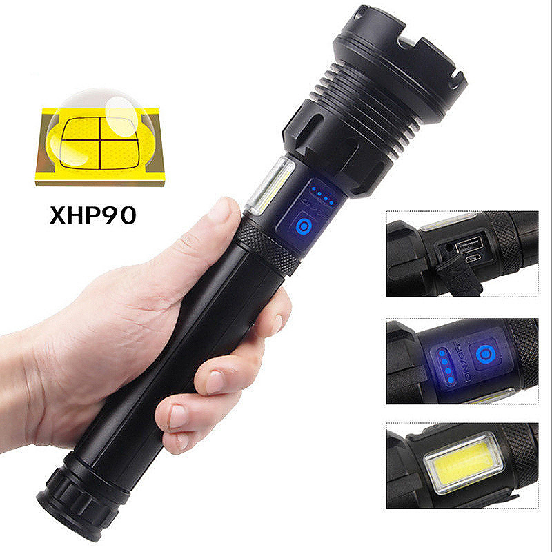 Latest Super bright flashlight 100000 lumen XHP90 waterproof COB side light Type-c rechargeable flashlight led torch light