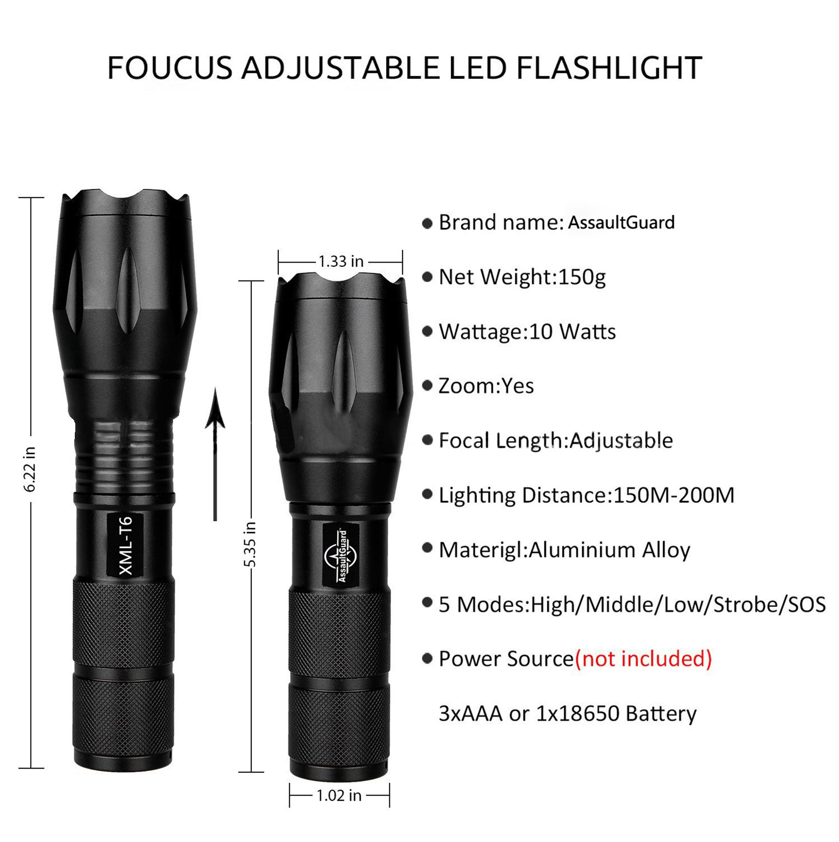 1000 Lumens 5 Modes Zoomble Waterproof Tactical Rechargeable T6 LED Flashlight  for Outdoor Light Tactical flashlight torch