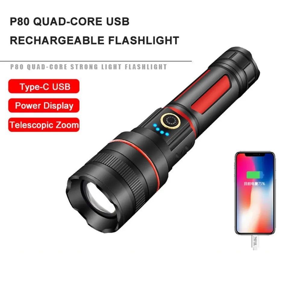 Brand new powerful Aluminium alloy P80 strong light USB rechargeable tactical flashlight high lumens 10000 flashlight torch