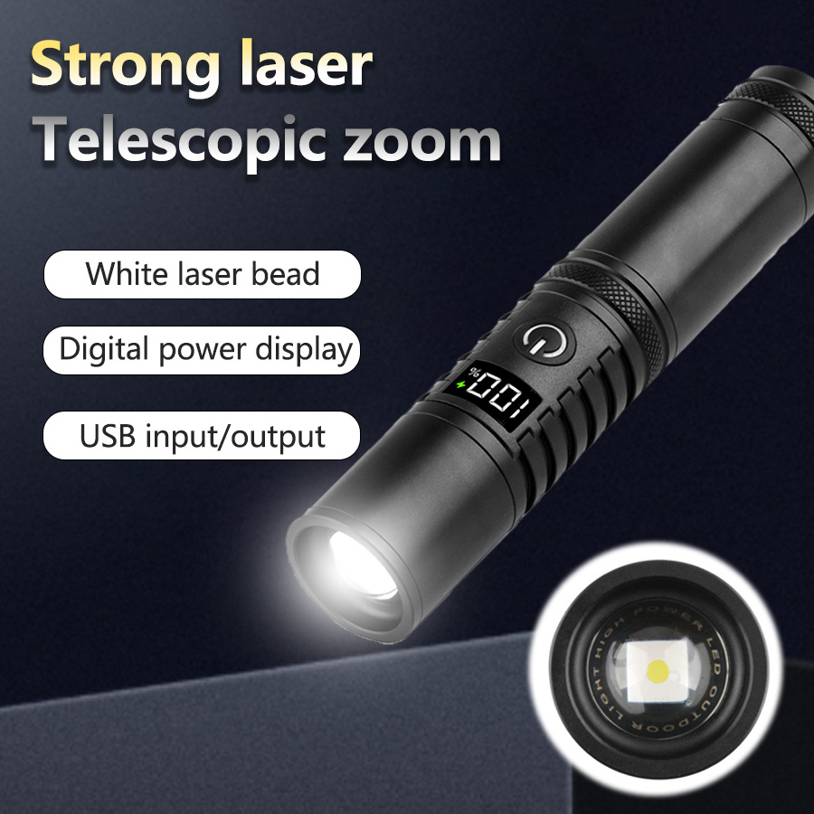 New digital display white laser 20W long range flashlight with charging bank outdoor emergency lighting flashlight