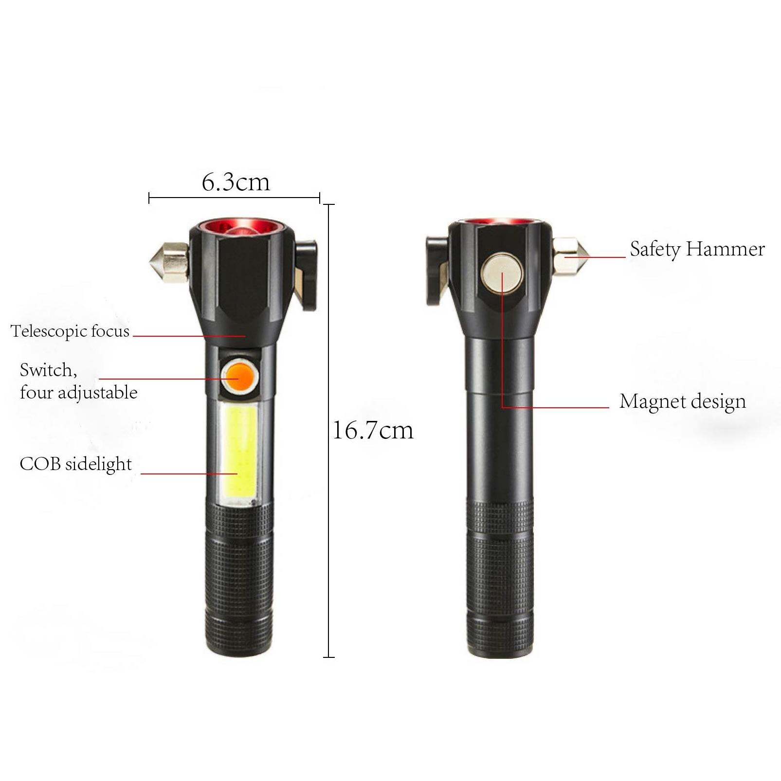 car safety hammer flashlight USB charging outdoor emergency survival equipment emergency work light with magnet cut rope design