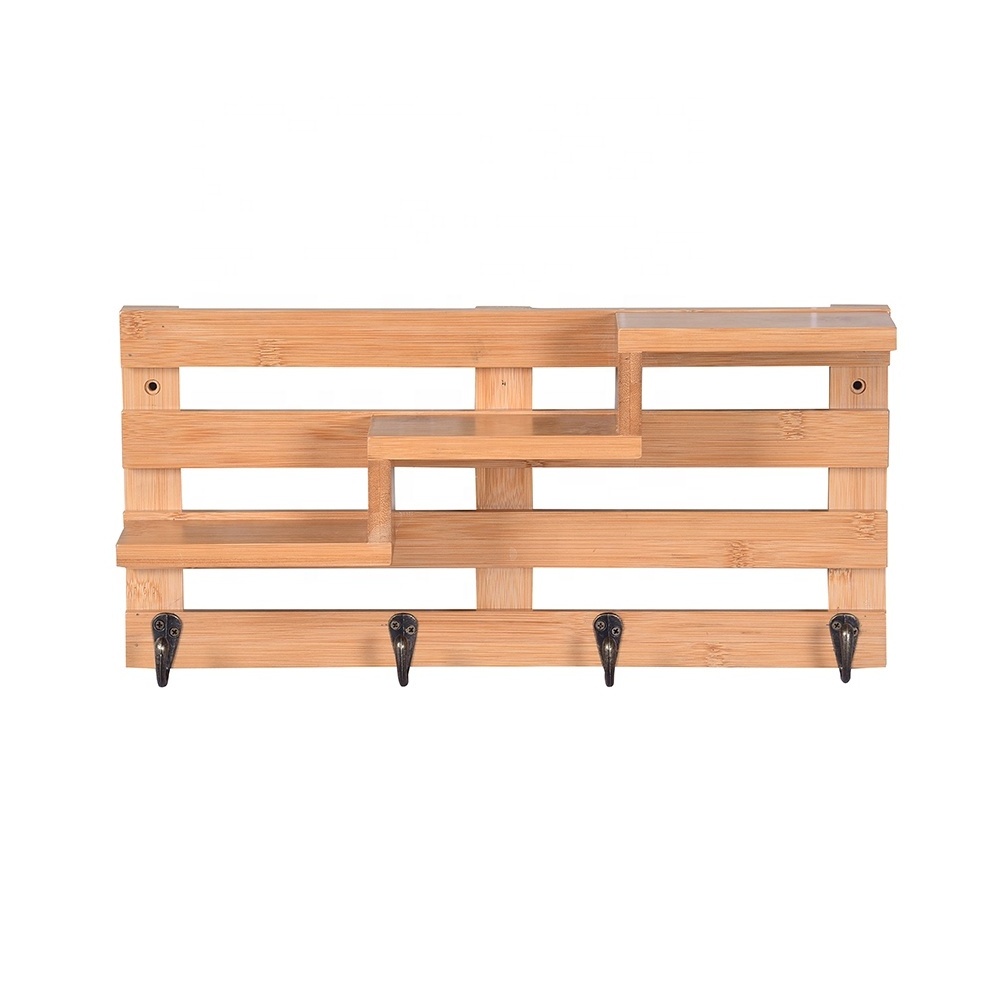 Creative Bamboo Wall Mounted Shelf Coat Rack with Hooks Wall Hanging Key Rack &Small Flower Stand