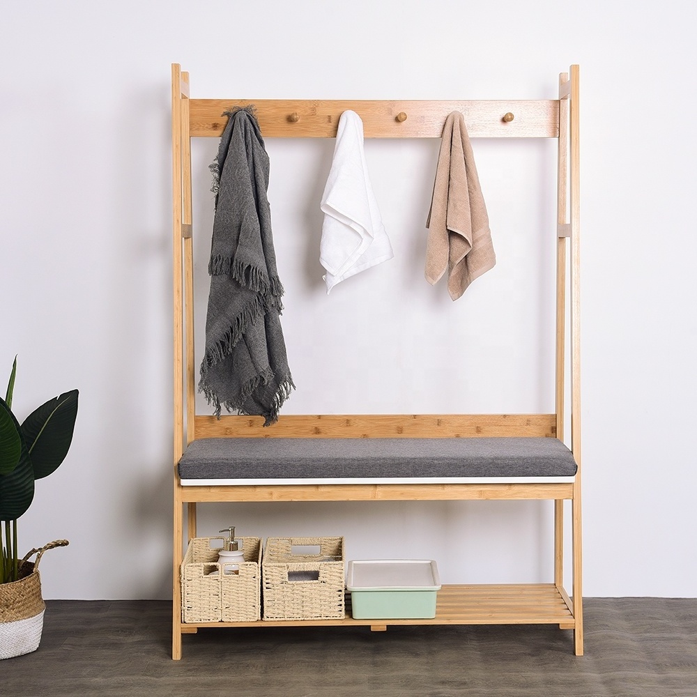 3 in 1 Entryway Cloth Hanging Rack with Soft Seat & Shoe Storage Bench Coat Rack Stand Hall Tree Bamboo Garment Rack