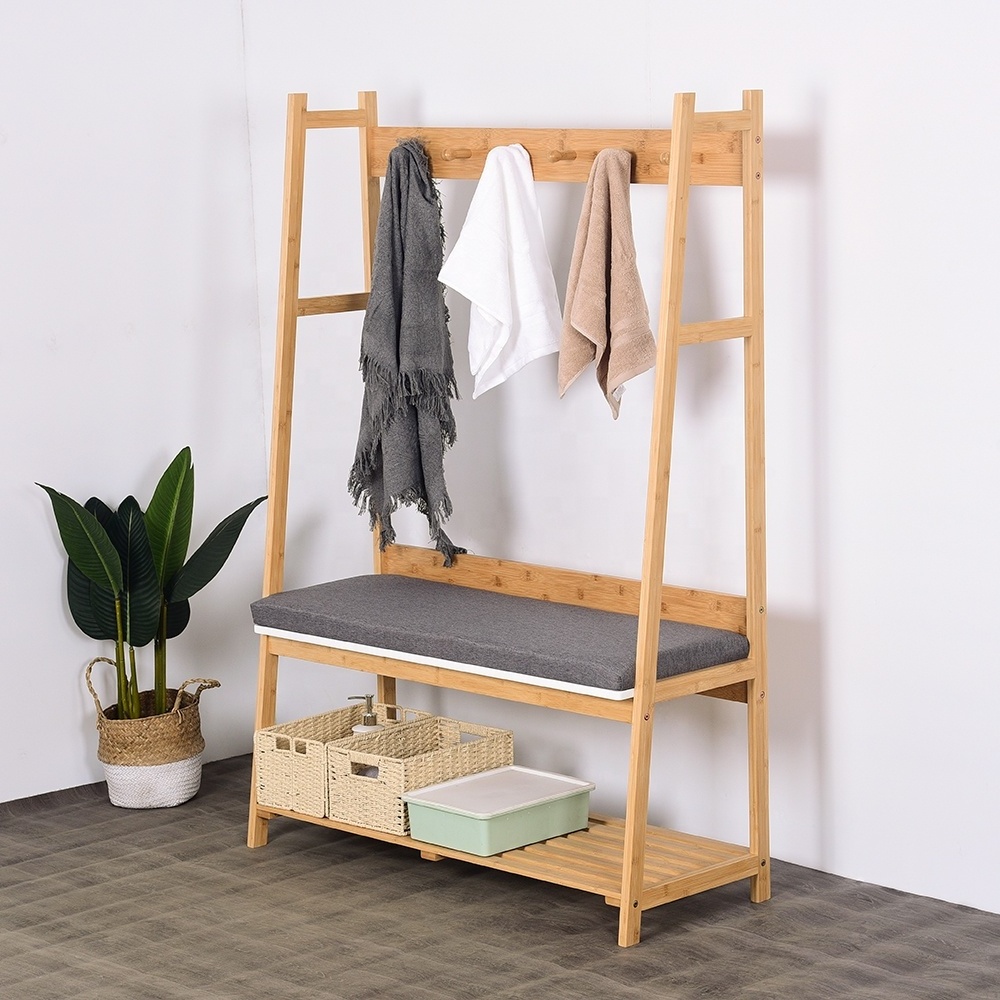 3 in 1 Entryway Cloth Hanging Rack with Soft Seat & Shoe Storage Bench Coat Rack Stand Hall Tree Bamboo Garment Rack