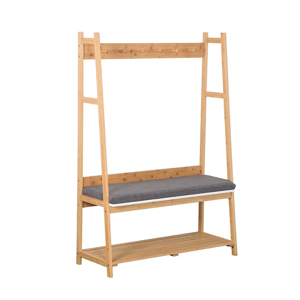 3 in 1 Entryway Cloth Hanging Rack with Soft Seat & Shoe Storage Bench Coat Rack Stand Hall Tree Bamboo Garment Rack