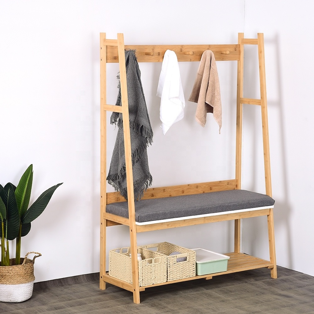 3 in 1 Entryway Cloth Hanging Rack with Soft Seat & Shoe Storage Bench Coat Rack Stand Hall Tree Bamboo Garment Rack