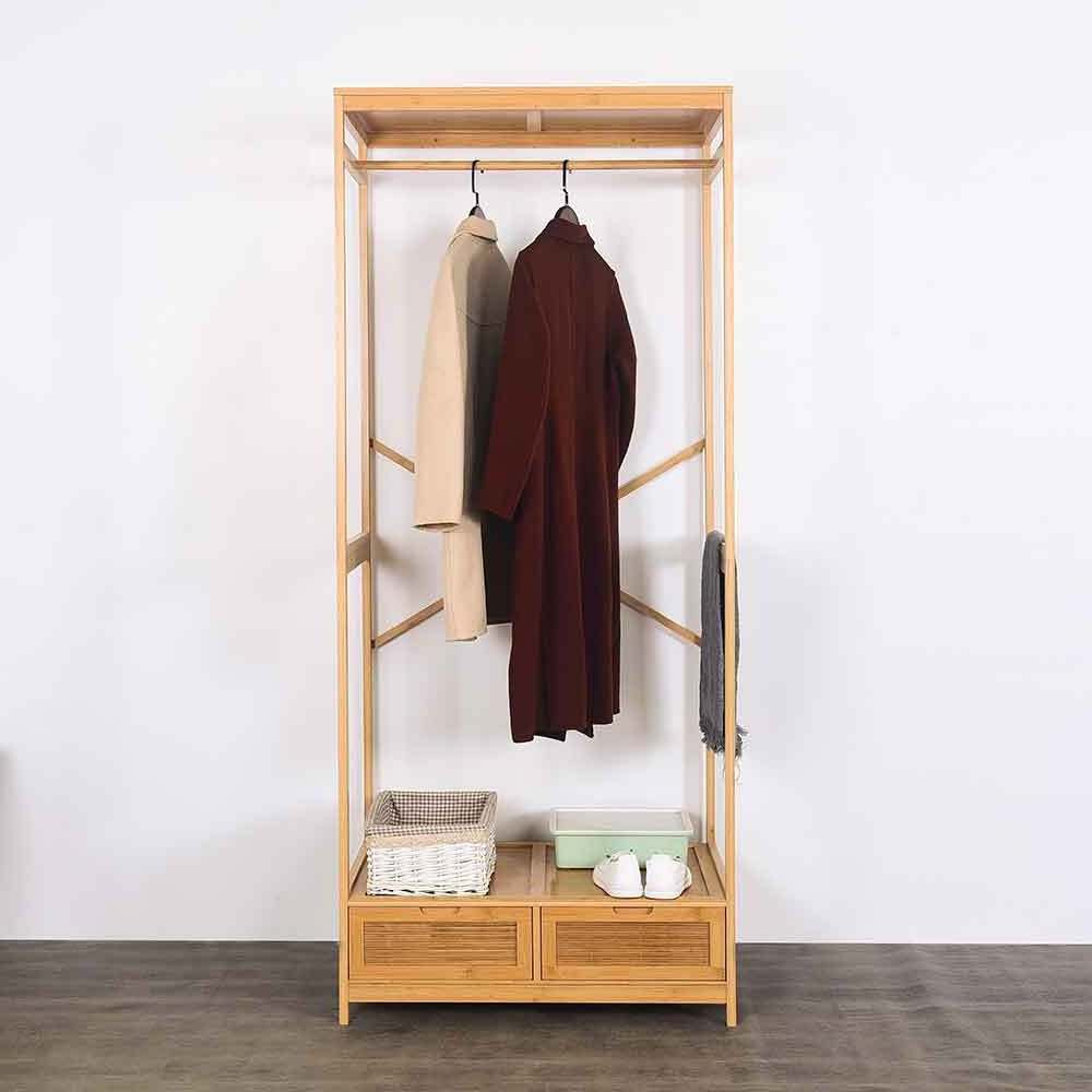 Simple Home Floor Standing Coat Rack with Drawer Wood Bedroom Garment Rack Clothing Hanger Rack