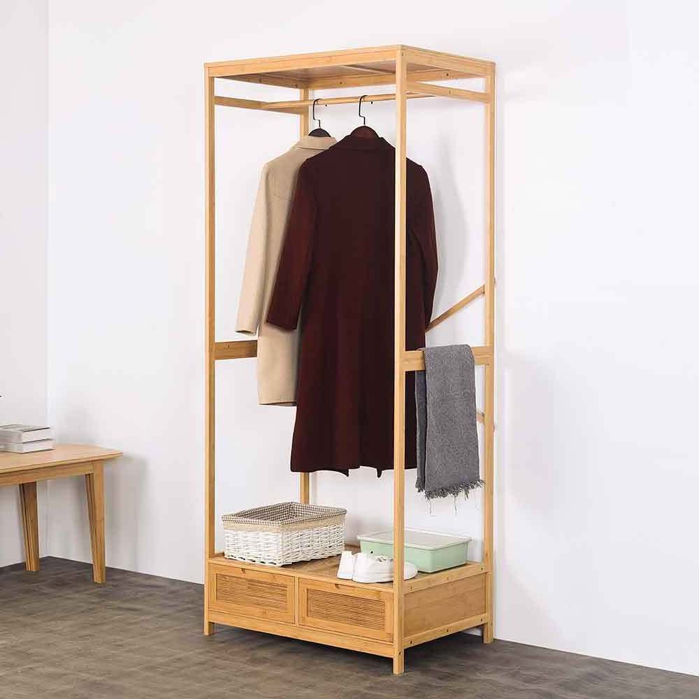 Simple Home Floor Standing Coat Rack with Drawer Wood Bedroom Garment Rack Clothing Hanger Rack