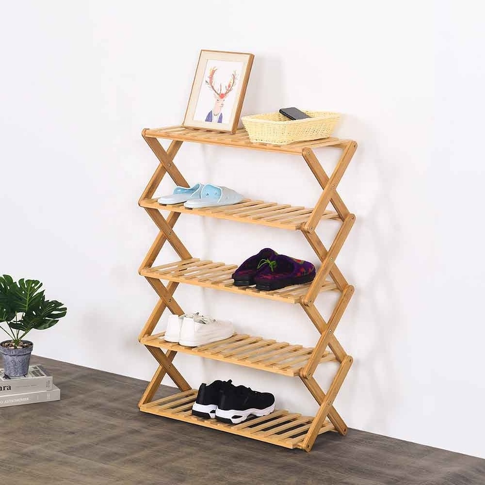 5 Layer Shoe Display Stand Wooden Shoes Shelves Cabinet Collapsible Shoe Rack Storage Organizer