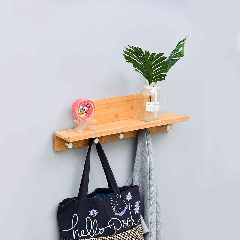 Entryway Organizer Wall Mount Coat Rack with Shelf Wooden Coat Hook 5 Rails Bamboo Wall Hanger