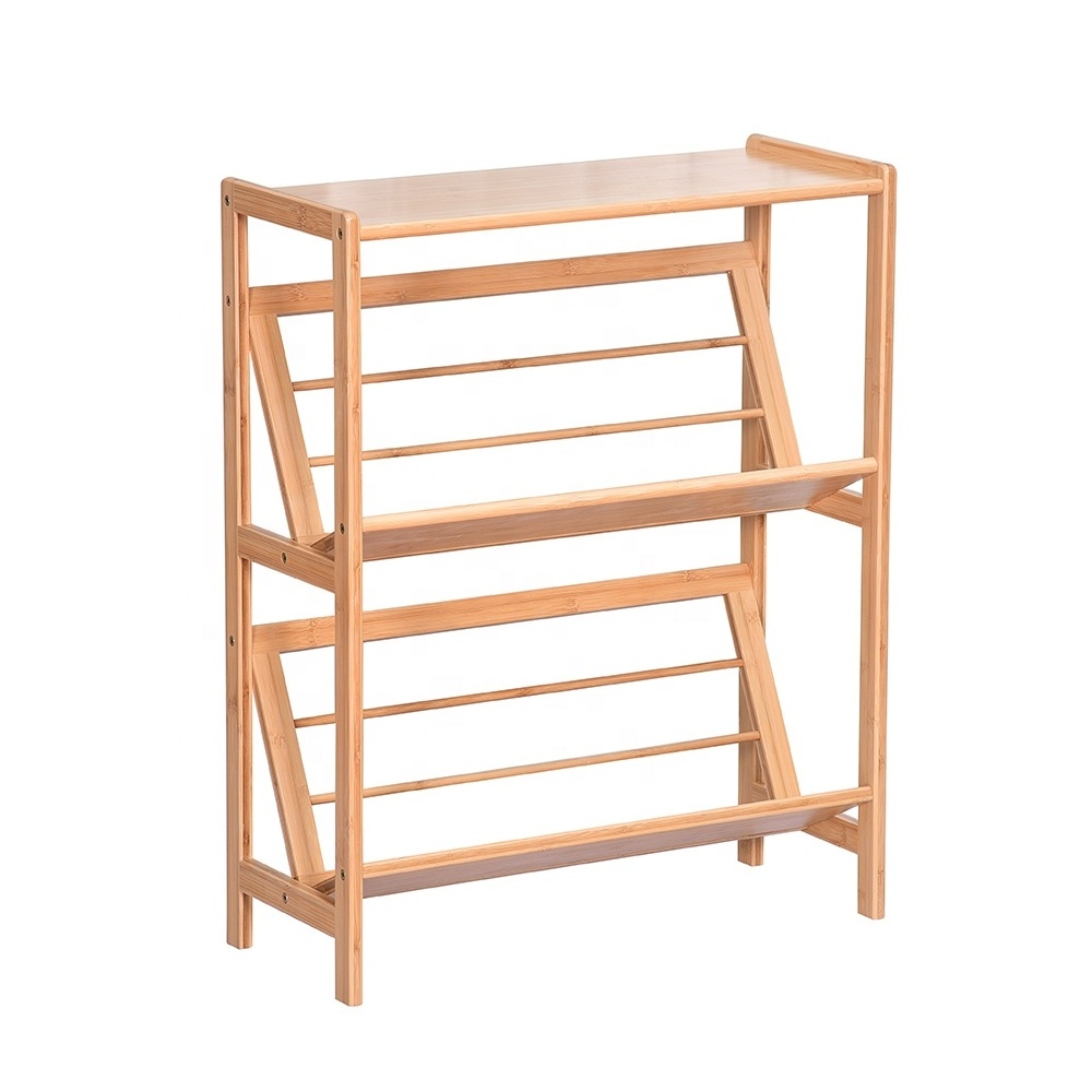 Small Bamboo Bookshelf Magazine Rack Organizer 2 Tiers Bookcase Book Shelf for Home Office