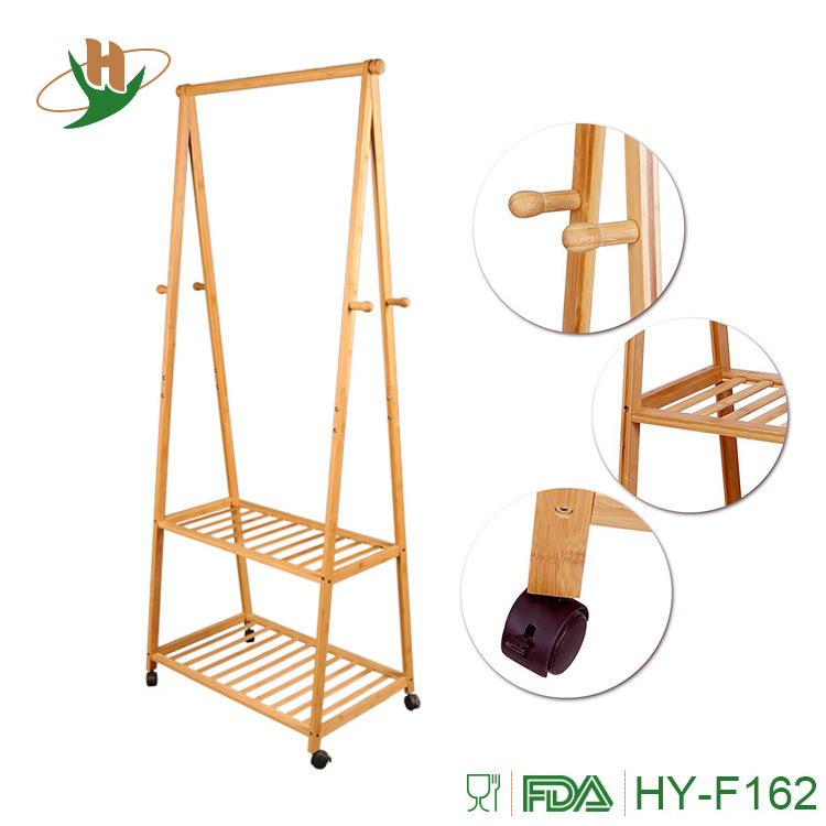 Rolling wheels high quality free standing entryway bamboo wooden coat rack with storage shelves