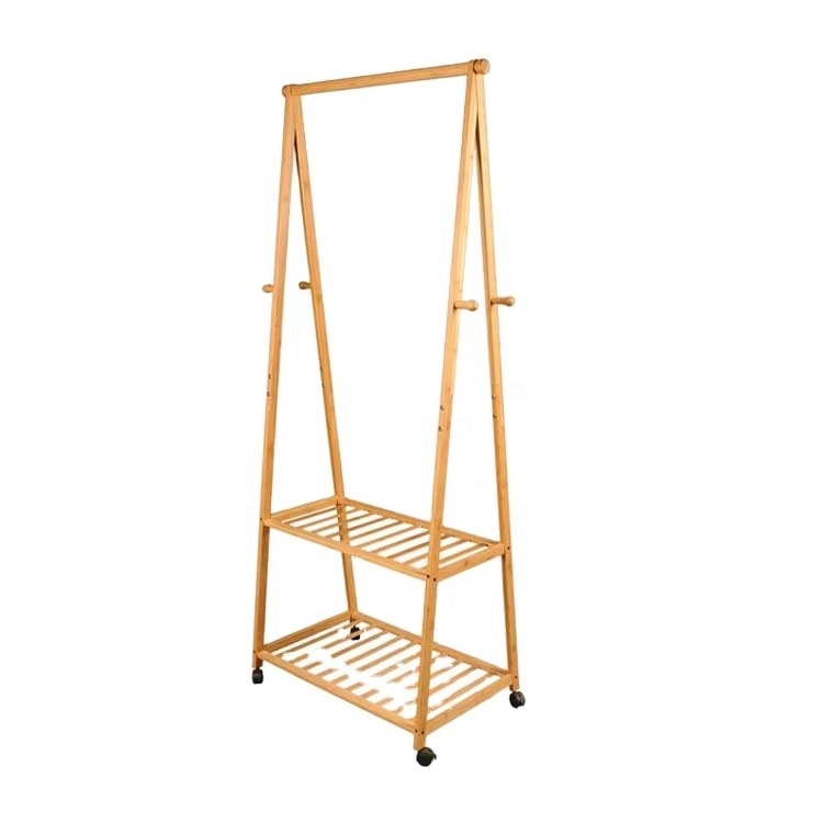 Rolling wheels high quality free standing entryway bamboo wooden coat rack with storage shelves