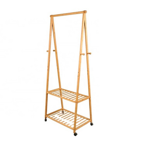 Rolling wheels high quality free standing entryway bamboo wooden coat rack with storage shelves