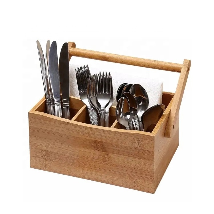 Multiple-use 4 compartments utensil caddy wood bamboo buffet flatware caddy with swing handle