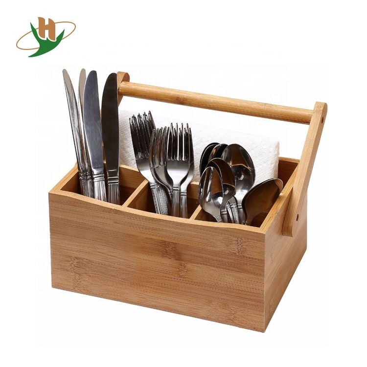 Multiple-use 4 compartments utensil caddy wood bamboo buffet flatware caddy with swing handle