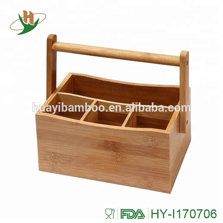 Multiple-use 4 compartments utensil caddy wood bamboo buffet flatware caddy with swing handle