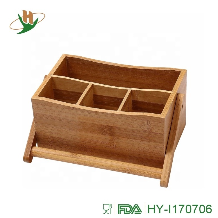 Multiple-use 4 compartments utensil caddy wood bamboo buffet flatware caddy with swing handle