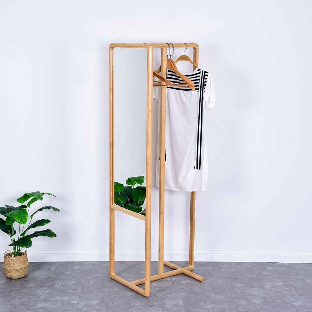 Home Office Furniture Bamboo Hall Tree with Mirror Standing Clothes Rack Garment Clothes Rack for Hanging Clothes