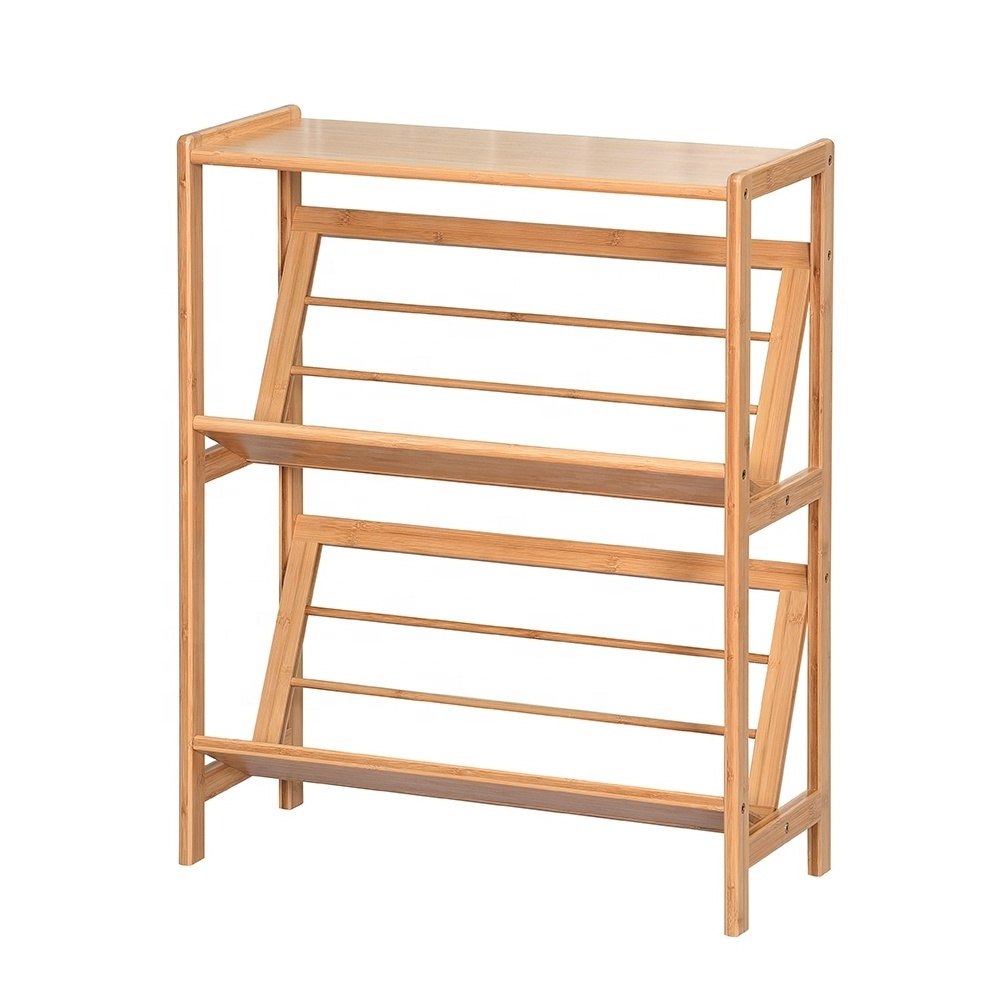 Small Bamboo Bookshelf Magazine Rack Organizer 2 Tiers Bookcase Book Shelf for Home Office