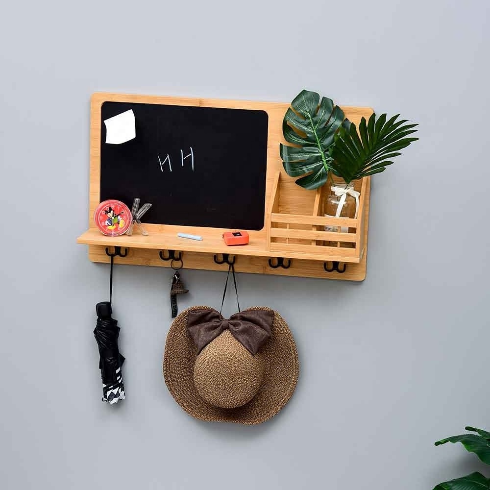 Wall Decorative Chalk Board with Key Hooks Wall Storage Shelf Wall Hanging Shelf