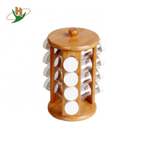 Multifunction countertop bamboo display rotating spice rack with 16 bottles