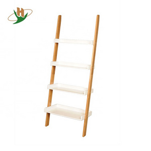 White leaning ladder bamboo book shelf with MDF